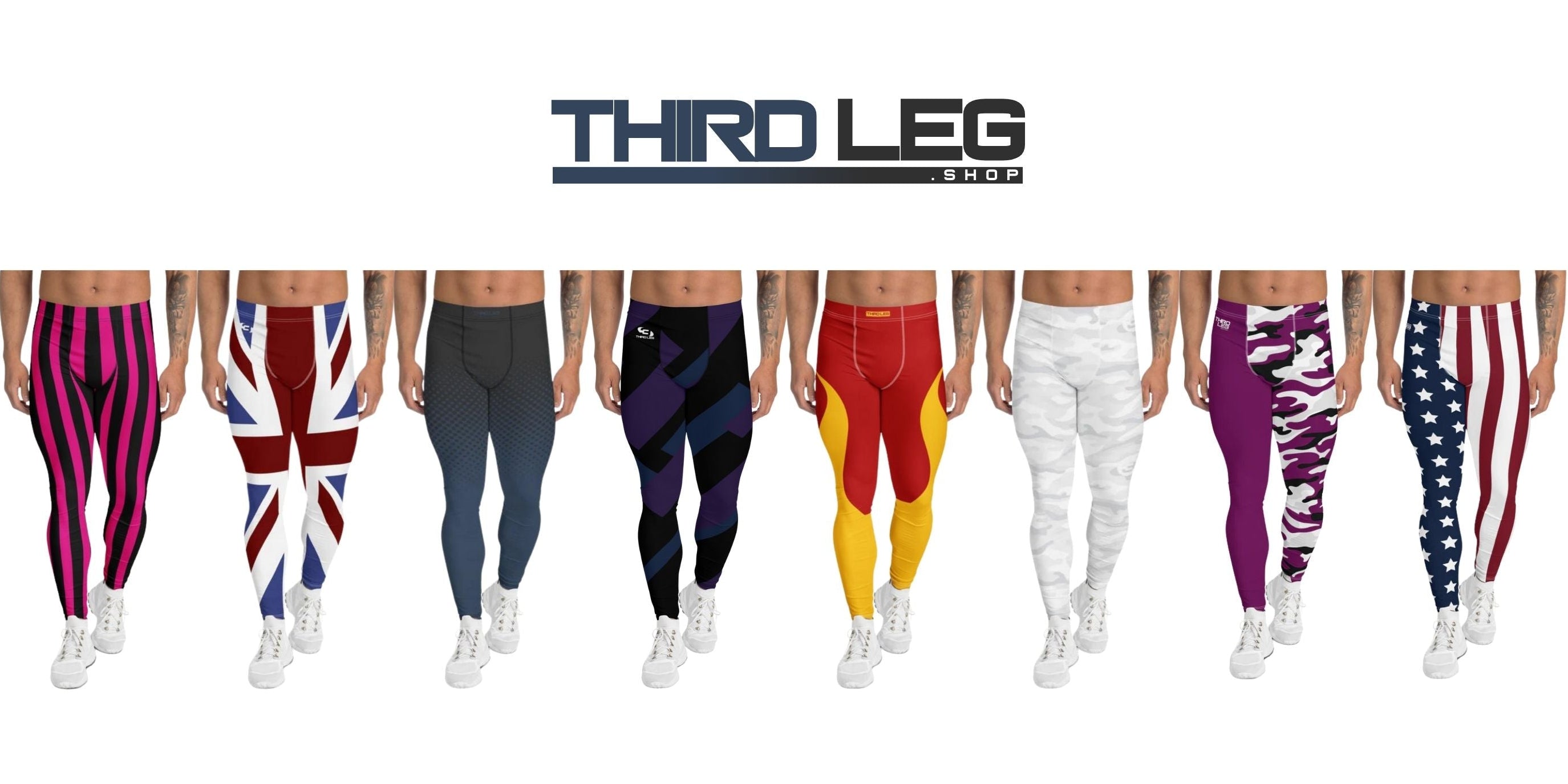Collection of colorful leggings with 'Third Leg' branding on a white background